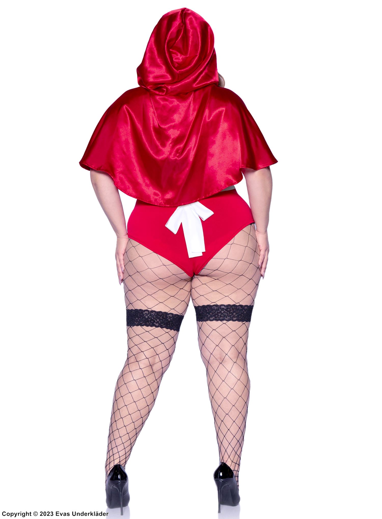 Red Riding Hood, teddy costume, lacing, ruffle trim, apron, plus size